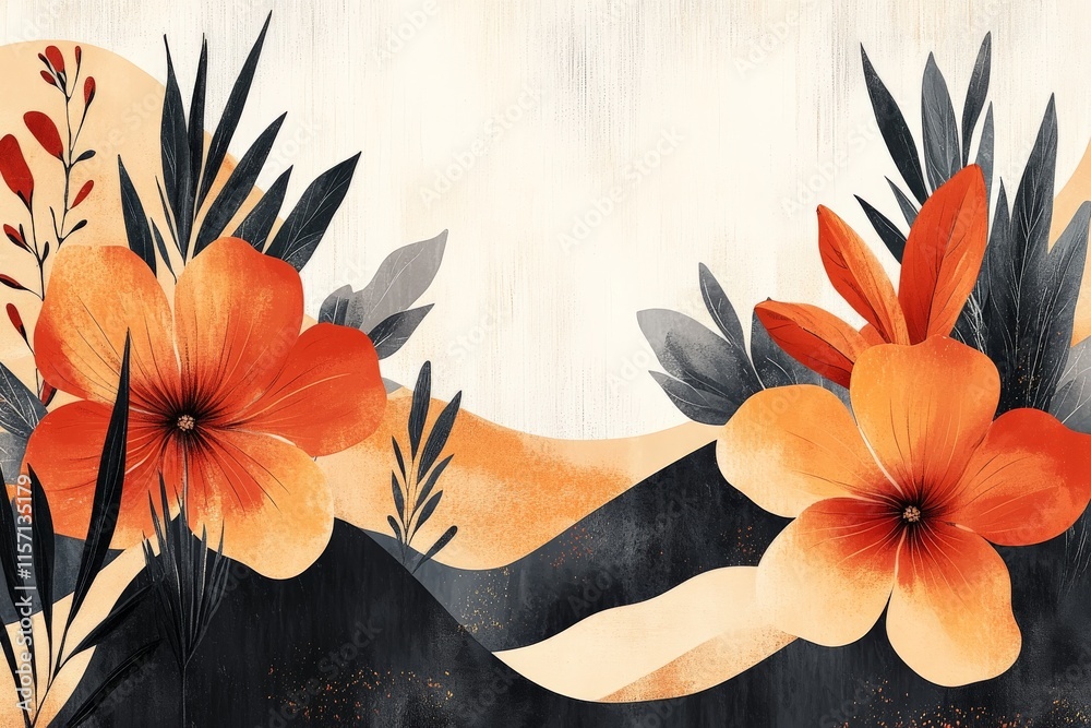 Aufkleber A dynamic composition of vivid flowers and leaves, this image combines natural elements with a graphic style, enhancing the beauty of nature through artistic expression.