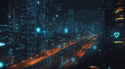 Fototapeta premium Smart digital Innovation city with connection network reciprocity over the cityscape. of future smart wireless digital city and social media networking systems that connects people with in city