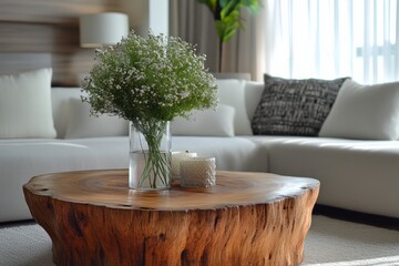 Fototapeta premium A modern living room featuring a white sofa and a rustic wooden coffee table, adorned with a lush green plant centerpiece, creating a cozy and inviting atmosphere.