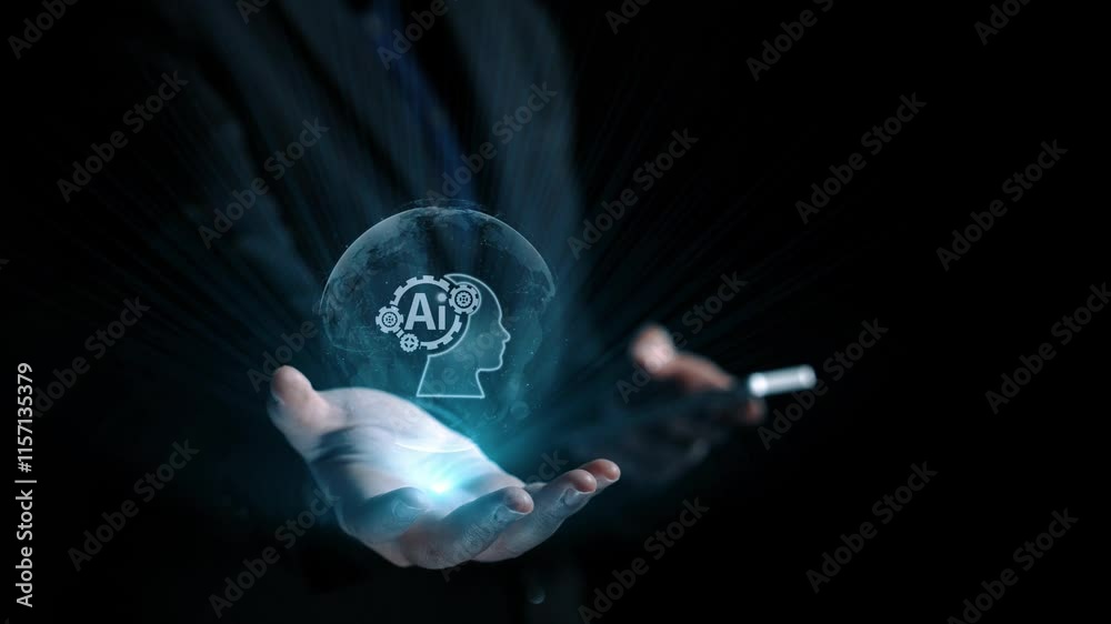 Poster human interact with ai artificial intelligence brain processor in concept of ai artificial intellige
