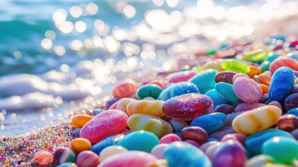 Colorful sea glass stones on sandy beach.
