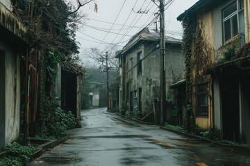 A moody, rain-soaked street in a neglected neighborhood, with aged, moss-covered buildings giving a somber feel and evoking memories of times gone by.