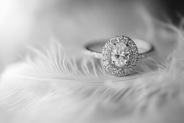 A sophisticated halo diamond ring is showcased against the gentle backdrop of soft feathers, illustrating beauty and grace, ideal for romantic and luxurious imagery.