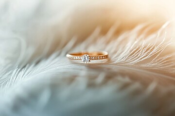 A stunning diamond ring rests elegantly on soft, white feathers, capturing the delicate interplay between luxury and elegance, perfect for showcasing refinement and class.