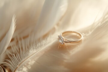 This timeless diamond ring is elegantly positioned on a feather, symbolizing everlasting love and luxury, ideal for capturing refined and stunning presentations.