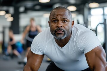 Fototapeta premium A close-up image of a focused man in a gym environment, displaying strong determination and effort, representing the values of hard work and dedication to fitness goals.
