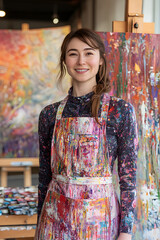 A smiling artist in a paint-splattered apron, standing in a vibrant art studio filled with colorful canvases and painting supplies, showcasing creativity and passion for artistic expression.
