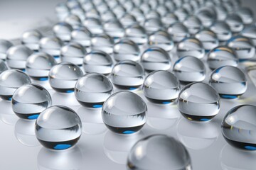 Numerous transparent spheres arranged in rows on a reflective surface, creating a visually appealing pattern.