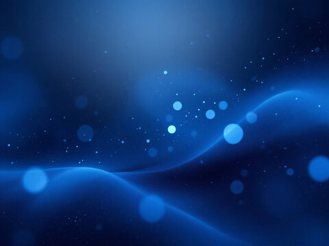 Blue digital abstract with glowing waves and particles.