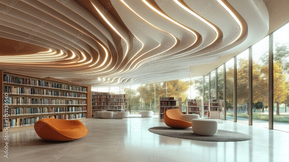 Poster modern library with a ceiling featuring a wave-like pattern for a dynamic feel