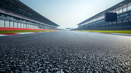 Low angle view of F1 Formula One racetrack grandstand background