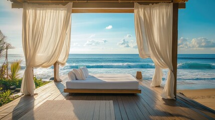 Obraz premium Open-air bed setup on a wooden deck, with flowing curtains and ocean waves in the background