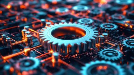 Fototapeta premium Large interconnected network of gears symbolizing corporate competition, with one oversized gear dominating the scene, representing antitrust concerns. Central gear with copy space for text.