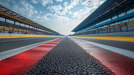 Low angle view of F1 Formula One racetrack grandstand background