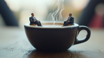 Two miniature businessmen having a meeting in a coffee cup.