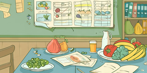 Tabletop Arrangement of Fruit with Associated Nutritional Charts