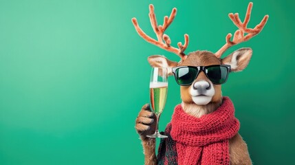 Playful reindeer with stylish sunglasses and a festive scarf, holding a champagne glass, on a vibrant green background