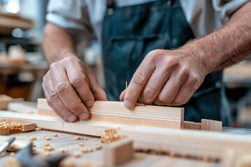 An experienced woodworker meticulously works on a wooden piece, focusing on precision and craftsmanship in a well-organized workshop filled with tools and materials.