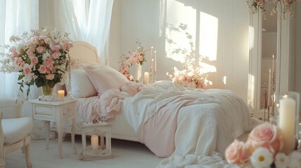 Obraz premium Romantic bedroom with a bed in soft pastel tones, surrounded by candles and flower arrangements