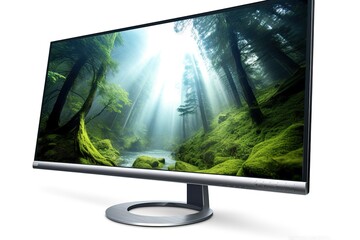 Fototapeta premium Wide Screen Monitor Displaying Lush Forest Scene