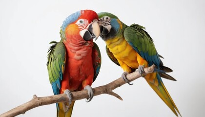 Obraz premium Vibrant Parrot Perched on Branch Against a White Background