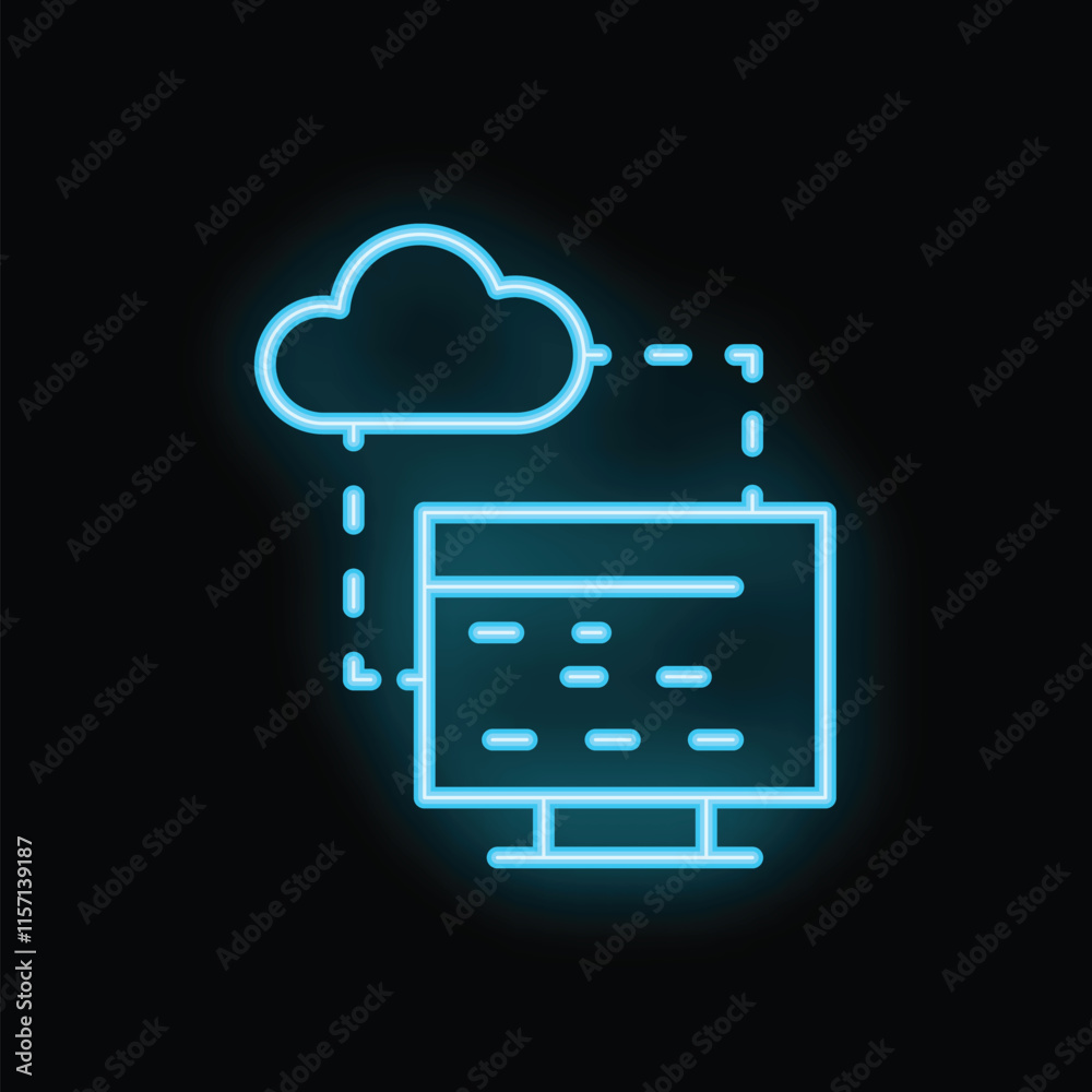 Poster neon icon representing cloud computing with desktop computer and data transfer