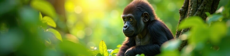 Naklejka premium Young gorilla explores dense foliage, vibrant sunlight filtering through canopy, ape, curious