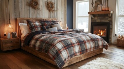 Rustic bedroom featuring a wooden bed frame, cozy plaid bedding, and a fireplace nearby
