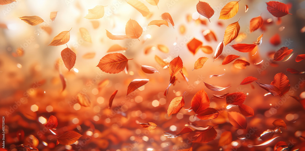 Poster a background of falling leaves in autumn the colors are bright and vivid, with a soft, glowing light