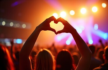 Audience members at concert create heart shape with hands. Crowd enjoys live music performance at festival. Enthusiastic fans cheer, wave hands in air. Colorful lights highlight silhouettes of people