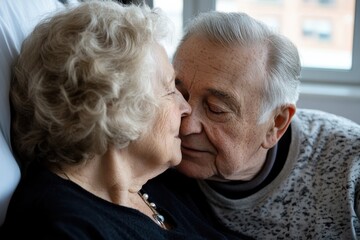 An affectionate encounter between an elderly couple, showcasing the love and abiding care they have for each other in their twilight years.