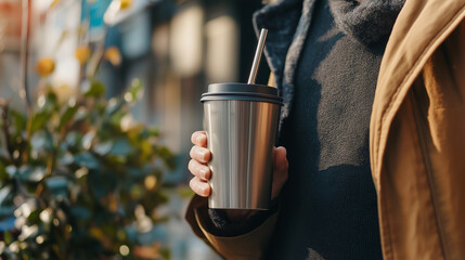 Stylish Professional Using a Reusable Coffee Cup and Metal Straw, Highlighting a Sustainable Lifestyle for a Commercial Campaign