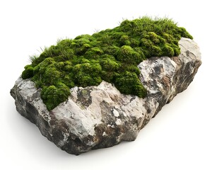 Angled perspective of moss-covered rock emphasizing lush moss and rocky texture, rendered in hyper-realistic 3D style on white background.
