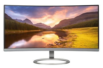 Curved Monitor Displaying Scenic Landscape