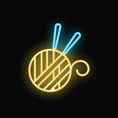 Neon sign of wool yarn ball with needles glowing in the dark, concept of handmade craft or knitting hobby