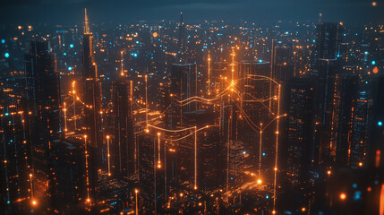 Fototapeta premium Smart digital Innovation city with connection network reciprocity over the cityscape. of future smart wireless digital city and social media networking systems that connects people with in city