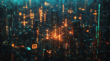 Naklejka premium Smart digital Innovation city with connection network reciprocity over the cityscape. of future smart wireless digital city and social media networking systems that connects people with in city