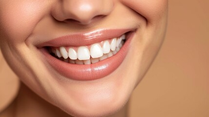 Obraz premium white smile showcasing perfect teeth and glossy lips, radiating happiness and health in a warm and inviting aesthetic, ideal for dental or beauty themes