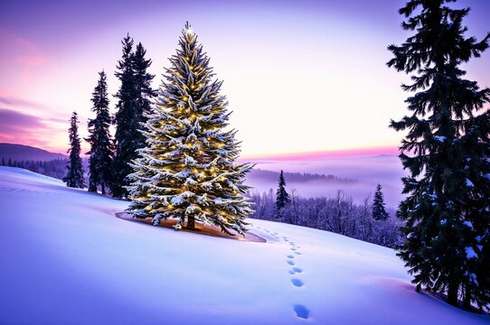 Serene Winter Landscape with Snow-Covered Pine Tree at Sunset