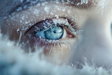 Close-up of a frost-covered blue eye with icy eyelashes, capturing the beauty of winter in stunning detail, perfect for seasonal, artistic, or poetic themes