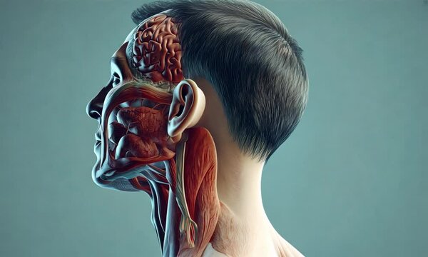 Anatomical illustration showing the human brain and neck structures in profile view.