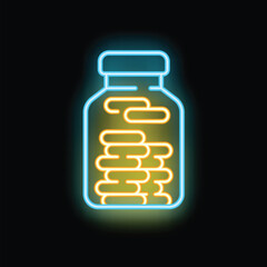 Neon sign glowing in the dark illustrating a bottle full of capsules