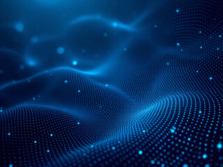 Blue digital abstract with glowing waves and particles.