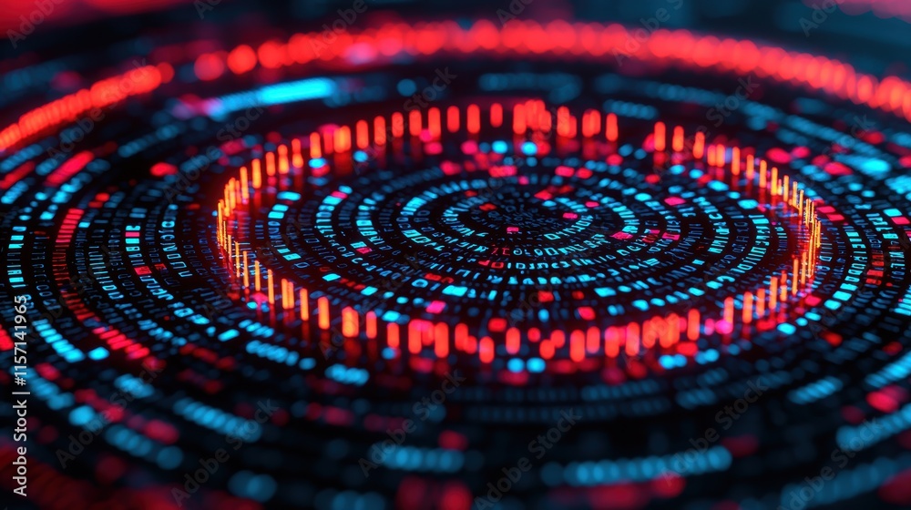 Poster Digital data processing and transforming into a circular infographic with glowing lines