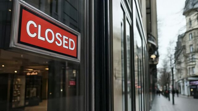Red Closed sign on a modern glass storefront with reflections of a city street