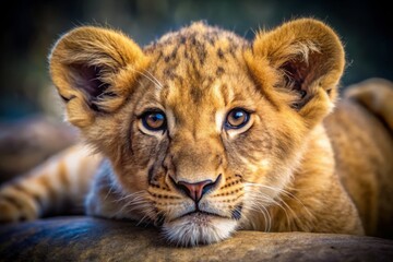 Obraz premium Adorable Lion Cub Portrait: Bird's Eye View, Cute Sleeping Lion, Wildlife Photography, Baby Animal