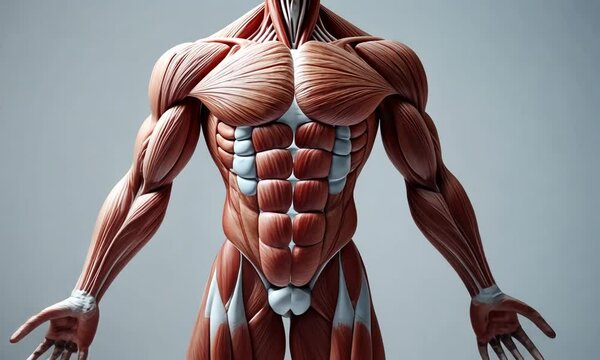 Anatomical model showcasing human muscles in a detailed, artistic representation.