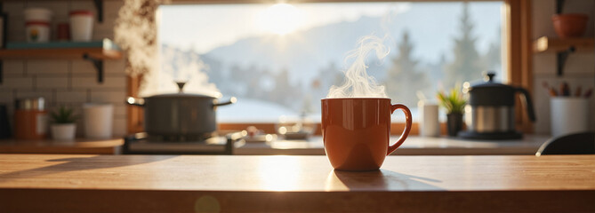 Orange mug on a kitchen table with a snowy mountain view