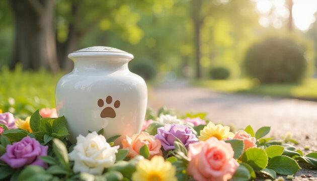 White pet urn with paw print surrounded by flowers outdoors