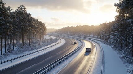 Winter Sunrise Highway Freshly Cleared Road Amidst a Snowy Forest, A Serene and Safe Journey